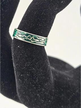 Sterling Silver and Green Enamel Ring, Size 5